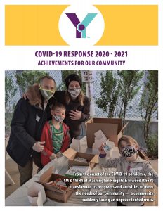 Poster which reads: Y COVID-19 Response 2020 - 2021 with a family standing wearing mask at YM&YWHA