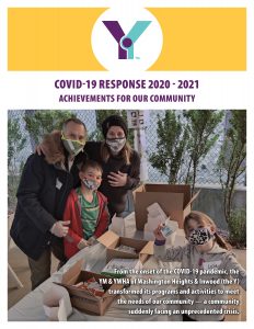 Poster which reads: Y COVID-19 Response 2020 - 2021 with a family standing wearing mask at YM&YEAH