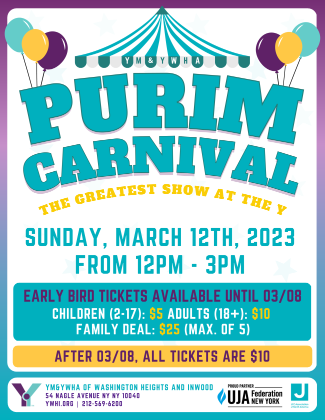 Poster that reads PURIM CARNIVAL YM & YWHA Purim Carnival, The Greatest Show at the Y.